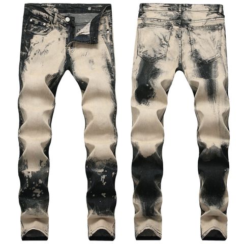 Men's Printed Pleated Biker Jeans Men Slim Skinny Motocycle Ripped Holes Zippers Retro Denim Trousers For Male Pants ► Photo 1/6