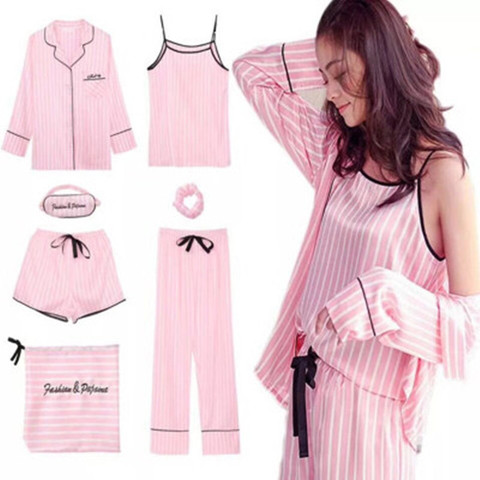 Pink Striped Pajamas Silk Satin Femme Pajama Set 7 Pieces Stitch lingerie Robe pyjamas Women Sleepwear pjs ► Photo 1/6