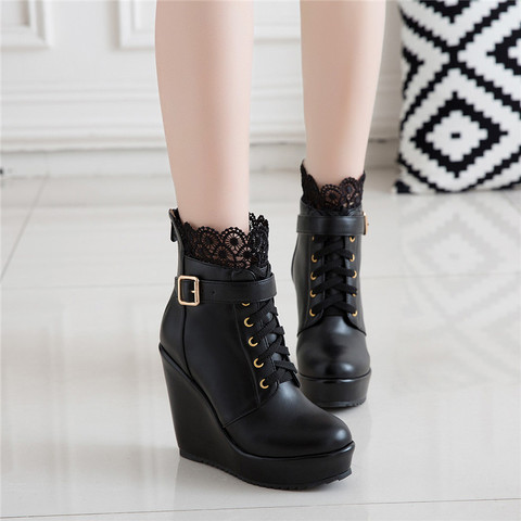 YMECHIC Winter Buckle Wedges Platform Ankle Combat Boots for Women Lace Up White Black High Heel Ladies Gothic Punk Shoes Bootie ► Photo 1/6