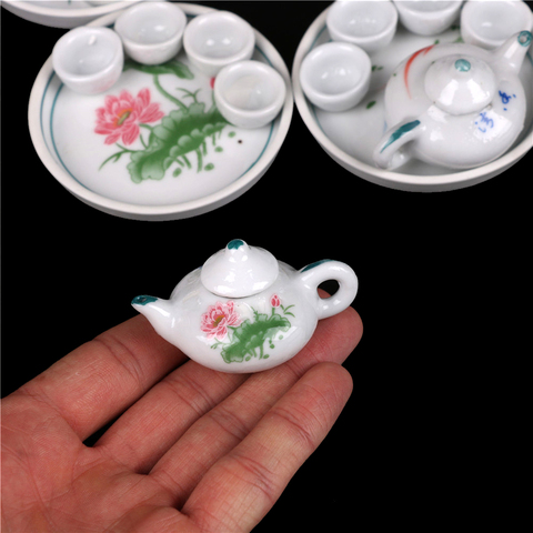 6pcs Tea pot Tea cups Round dishes Miniature Dollhouse dinnerware porcelain tea set tableware Cup plate Colorful floral print ► Photo 1/6
