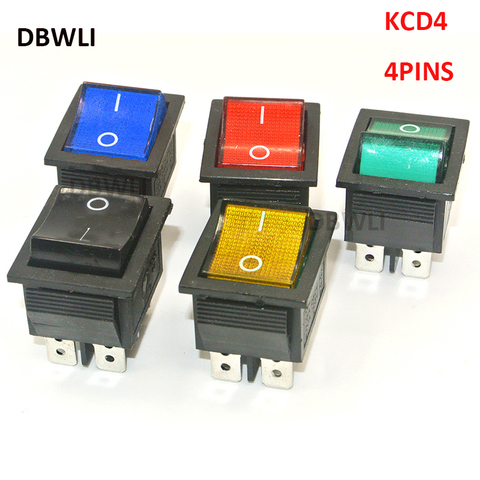 5PCS KCD4-202 DPST rocker switch power switch 4 feet with red green blue yellow  light 31x25mm 20A 125VAC 16A 250VAC ► Photo 1/2
