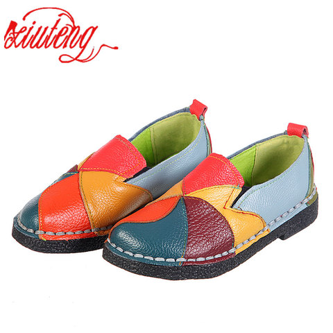 Xiuteng 2022 Women Loafers Patches stitching Flat Shoes Woman Summer Flats Soft Candy colors Genuine Leather Moccasins Loafers ► Photo 1/6