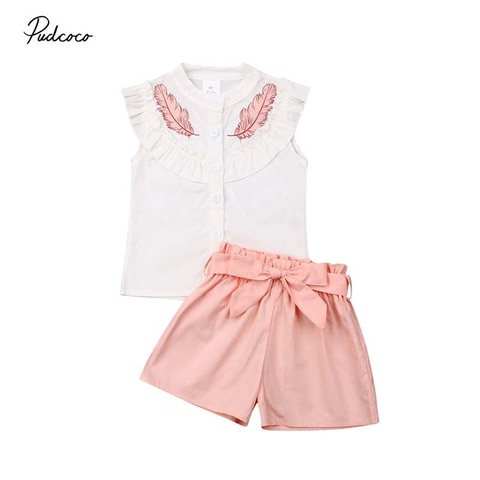2022 Baby Summer Clothing 1-6Y Toddler Kids Baby Girl Clothes Button Feather Top Shirt Sash Short Bottoms Pants 2Pcs Outfits Set ► Photo 1/6