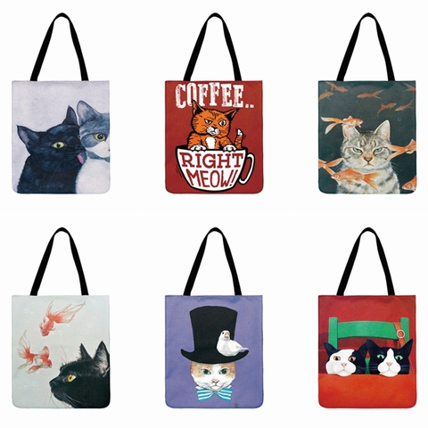 Lovely Cat Printed Casual Tote Linen Fabric Beach Bag Cartoon Meow Illustration Tote Bag For Women Reusable Shopping Bag ► Photo 1/6