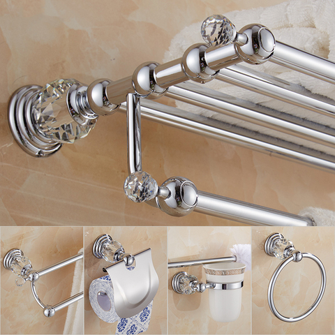 Brass Shower Shelf  Toilet Paper Holder Silver Crystal Wall Mounted Towel Bar Toilet Brush Holder Bathroom Accessories set ► Photo 1/6