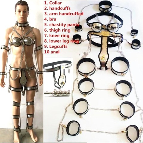 10pcs Sets Stainless Steel Male Chastity Belt Anal Plug Collar Bra Arm Wrist Cuffs Thigh Knee Shank Ankle Ring Bondage Sex Toy ► Photo 1/1