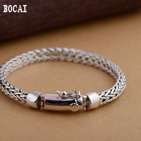 S925 silver jewelry  fashion Thailand handmade silver buckle 7mm flat rope bracelet manufacturers selling Man's silver bracelet ► Photo 1/1