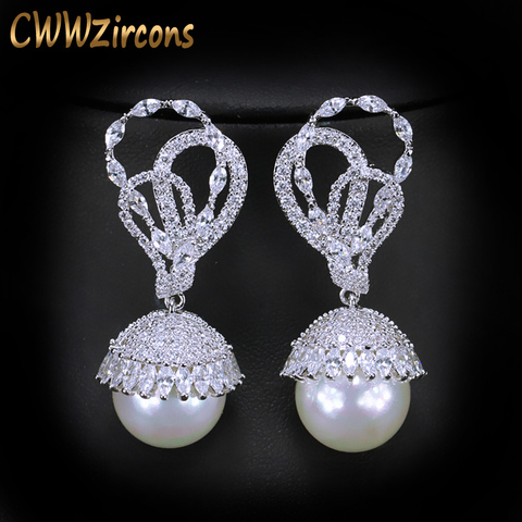 CWWZircons Elegant Shape Silver Color CZ Stone Paved Dangling Round Big Pearl Drop Earring For Women Jewelry Gift  CZ360 ► Photo 1/6