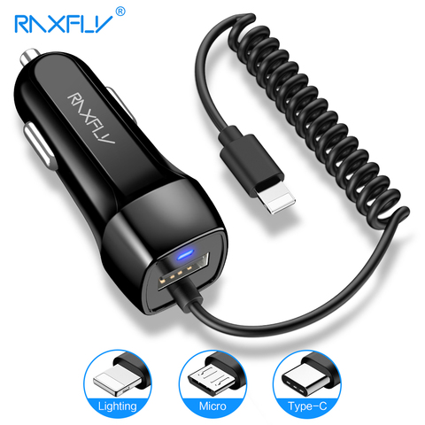RAXFLY 10W USB Car Charger With Spring USB Cable Cigarette Lighter For iPhone Lighting Cable Micor USB Car Charger Type C Cable ► Photo 1/6