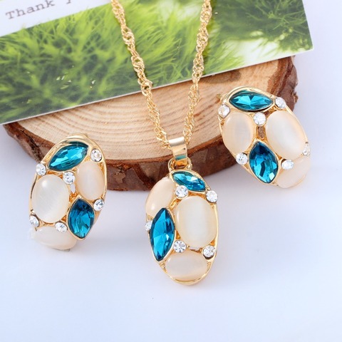 Lovely Opal Jewelry Sets Horse Eye Pendant Necklace Earrings Set Gold Color Long Chain African Dubai Jewelry Sets for Women ► Photo 1/3