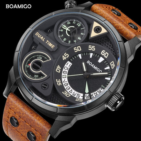 mens watches fashion men sport quartz watch BOAMIGO brand dual time date wristwatches leather strap waterproof relogio masculino ► Photo 1/6