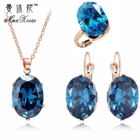 2022 Wedding Rose Gold Color Jewelry Sets Big CZ Blue Stone Pendant Choker Necklace Earrings For Women Mother's Day Gift oorbell ► Photo 1/6