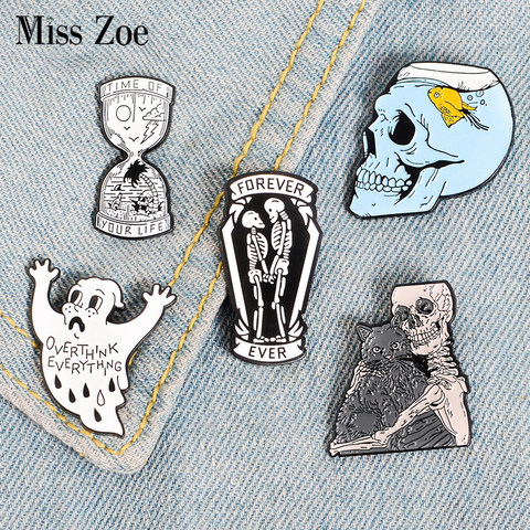 Your Life Hourglass Enamel Pin Ghost Skeleton Fish Tank Skull Badge Brooch Bag Denim Shirt Lapel Pin Gothic Cat Jewelry Gift ► Photo 1/6