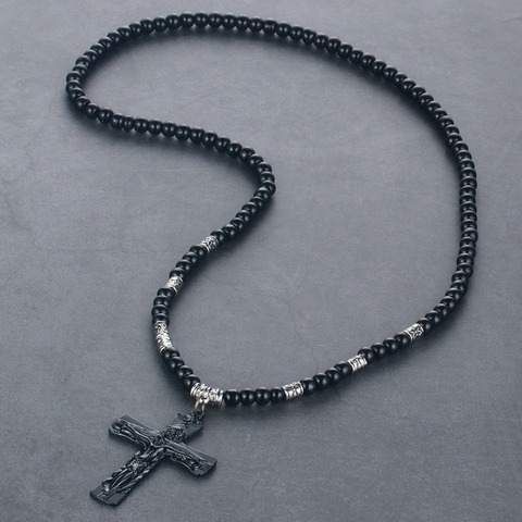 Religious Pendant Jewelry for Men Women Jesus Crucifix Leather Cord Necklace Vintage Hang Cross Beads Chain Necklace colar CN14 ► Photo 1/6