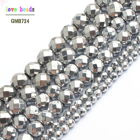 Natural Silver-Plated Faceted Hematite Stone Beads For Jewelry Making 15 inches 2/3/4/6/8/10mm Round Spacer Beads Diy Jewelry ► Photo 1/4