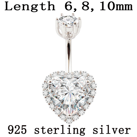 Real 925 sterling silver belly button ring women fine jewelry heart body piercing jewelry S925 6 8 10 mm navel bar not allergic ► Photo 1/6