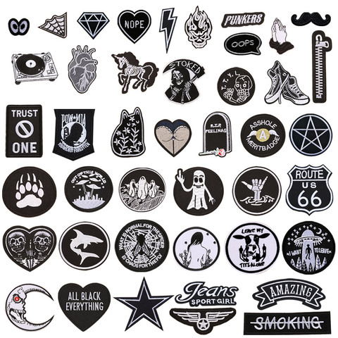 1pc Black White Biker Patches for Clothes Iron on Clothing Letter Appliques Skull Star Stripes Embroidered Sticker Round Badge ► Photo 1/6