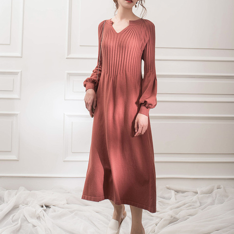 2022 autumn winter  knitting dress v-neck solid color Retro french girl chic dress ► Photo 1/2