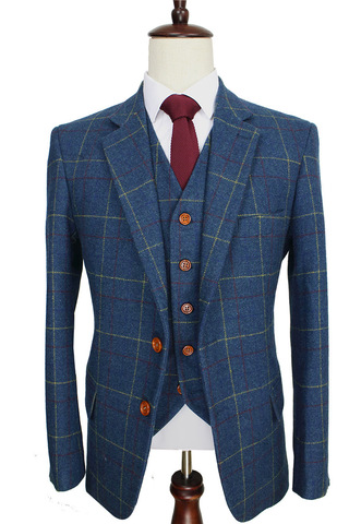 Wool Blue Ckeck Tweed Custom Made Men suit  Blazers Retro tailor made slim fit  wedding suits for men 3 Piece ► Photo 1/6