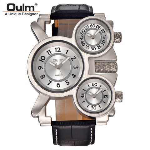 Mens Watches Oulm Top Brand Luxury Military Quartz Watch Unique 3 Small Dials Leather Strap Male Wristwatch Relojes Hombre ► Photo 1/6