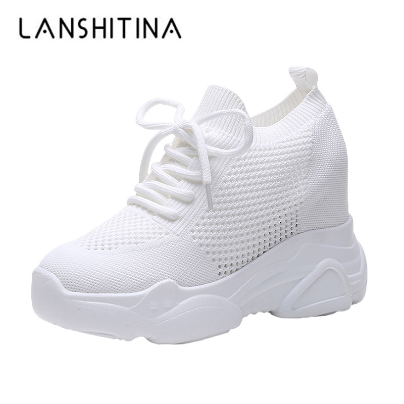 Women Sneakers Platform High Heels Mesh Breathable Wedge Casual Shoe 10CM Summer Thick Sole Woman Outdoor Shoes White