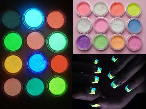 12 colors Neon Noctilucent Nail Flakes/ Glow In The Dark Powder Fluorescent Luminescent Nail Art Pigment/ Glowing nail art powde ► Photo 1/3