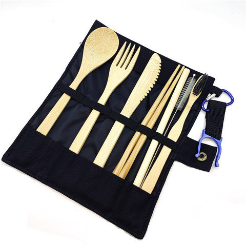 Bamboo Travel Tableware Reusable Bamboo Cutlery Set with Carrying Case Portable Wooden Dinnerware Bamboo Charcoal Toothbrush ► Photo 1/6