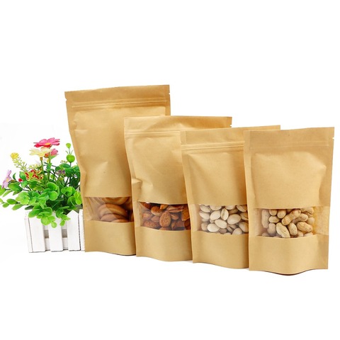 10pcs/lot Brown Kraft Paper Zip Lock Bag Self Sealing  Stand up Window Bag Gift Dried Food Fruit Tea Packaging Pouches ► Photo 1/6
