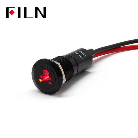 FILN 12mm Car dashboard  skull symbol led red yellow white blue green 12v led indicator light with 20cm cable ► Photo 1/3