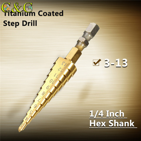 Hot Sale 1pc 3-13mm HSS Spiral Grooved Titanium Coated Step Drill 1/4 Inch Hex Shank Step core Drill Bit ► Photo 1/6