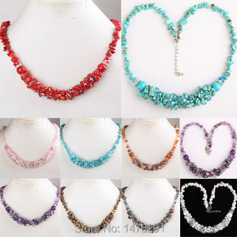 Pretty 9 Kinds of Stone Red Coral Green Howlite Stone Quartz Carnelian Chip Beads Necklace Strand 18