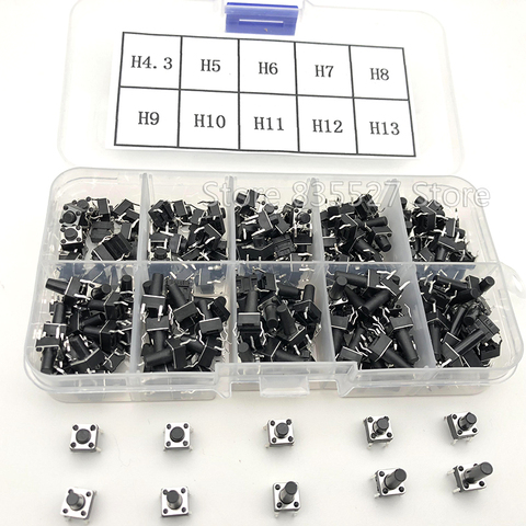 200pcs / 10 models 6*6 Light micro touch Switch sets Push Button Switch Kit , Height: 4.3MM - 13MM DIP 4Pin 6x6 Keys Tact ON/OFF ► Photo 1/5