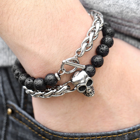 Skull Charm Bracelets for Men Stainless Steel Double Layered Wheat Link Black Lava Beaded Halloween Male Jewelry 8/10mm DDB183 ► Photo 1/6