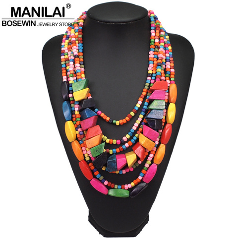 MANILAI Bohemian Multilayer Wood Bead Choker Necklaces For Women Handmade Beaded Statement Necklace Jewelry 8 Colors ► Photo 1/6