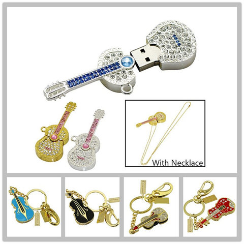 Musical Instrument Diamond Guitar Necklace Usb Flash Drive Metal Violin Keychain Usb Memory Stick 128GB Memory Storage Pen Drive ► Photo 1/6