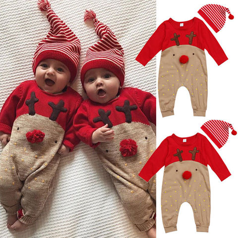Baby Christmas Clothes Reindeer Romper Boy Girl Long Sleeve Deer Winter Autumn Romper Jumpsuit Hat 2Pcs Sleepwear Party Costume ► Photo 1/6