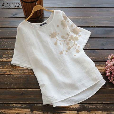 2022 ZANZEA Summer Vintage Embroidery Blouse Women Short Sleeve Cotton Linen Shirts Female O Neck Blusas Chemis S-5XL Tunic Tops ► Photo 1/6