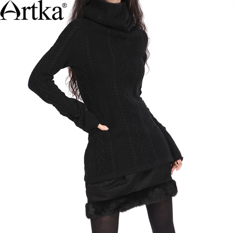 ARTKA Women'S Vintege Style Slim Pullovers  Top Full Three-Dimensional Flowers Basic Wool Winter Turtleneck Sweater YB12028D ► Photo 1/6