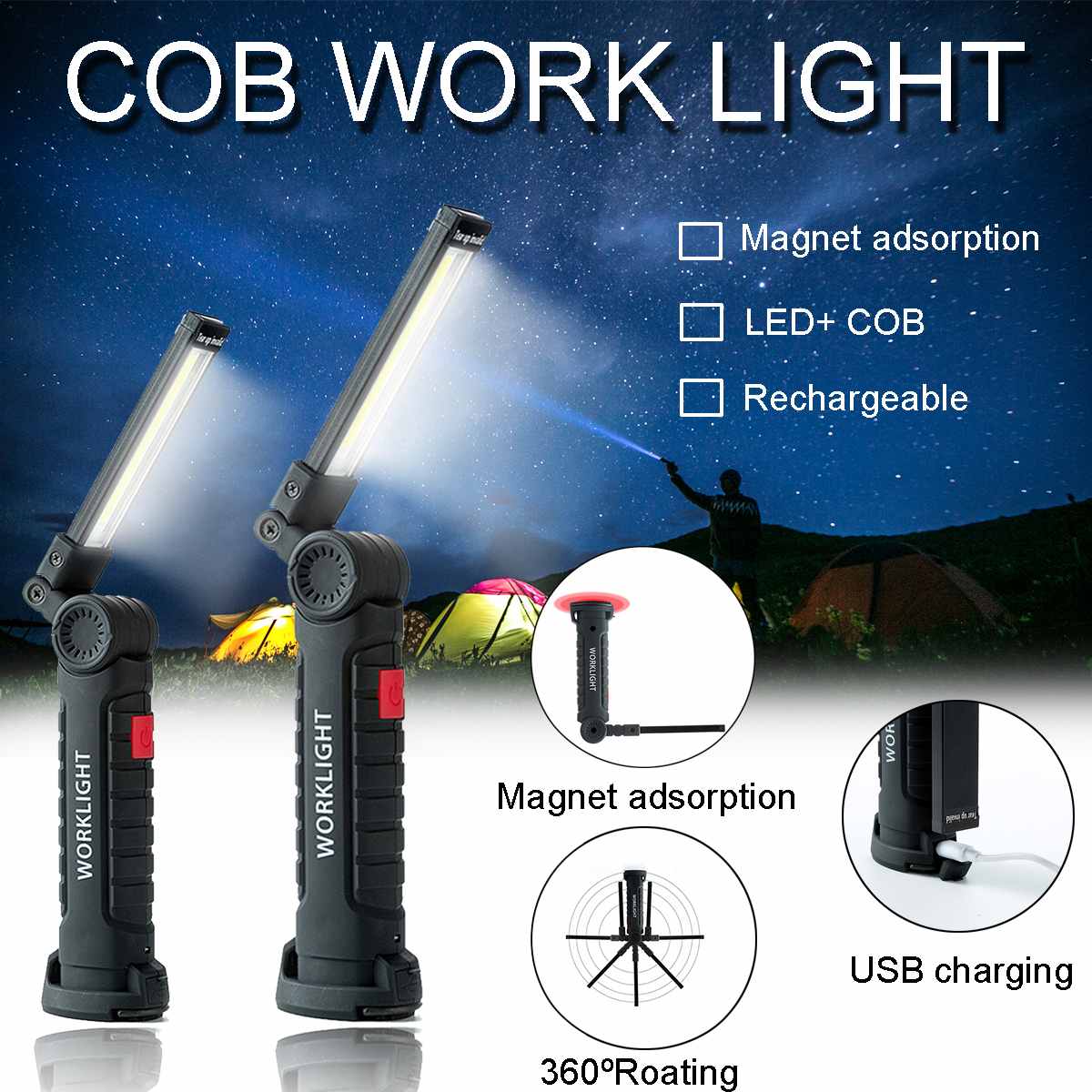 COB LED Work Light Torch Inspection Lamp Magnetic Flash Light Cordless WorkLight 