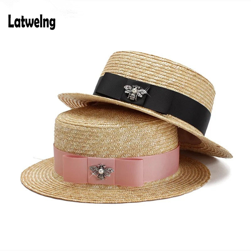 Summer Women Boater Beach Hat Female Casual Panama Straw Hat Lady Embroidered Flowers Flat Sun Hat WoTravel Hat