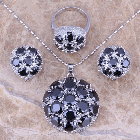 Black Cubic Zirconia Silver Plated Jewelry Sets Earrings Pendant Ring Size 6 / 7 / 8 / 9 / 10 / 11 / 12 S0025 ► Photo 1/4