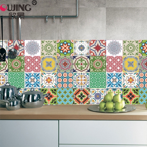 Morocco Style Colorful Retro Tiles Wall Sticker Kitchen Bathroom Tile Waist Line Wallpaper PVC Waterproof Waist Line Art Mural ► Photo 1/6