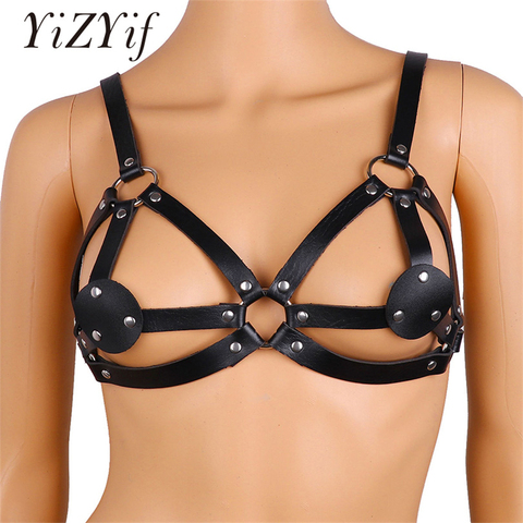YiZYiF Women Clubwear Sexy Bra Harness Black PU Leather Strappy Body Chest Bust Harness Belt Roleplay Costume garter belt Women ► Photo 1/6