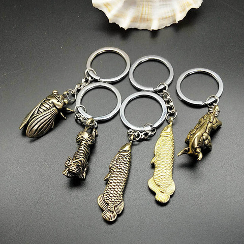 Real Copper 3D Animal Key Chain High Quality Simulation Arowana Cicada Tiger Bull Brass Car Key Ring Party New Gift Keychain ► Photo 1/6