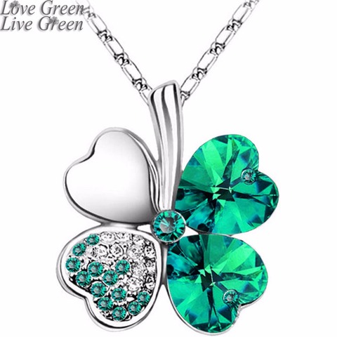 12 Color Fashion Austrian Crystal Four Leaf Leaves Clover Heart Rhinestones Necklace Pendant for Women White Gold Color Jewelry ► Photo 1/6