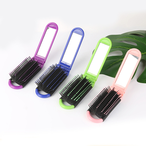 Portable Travel Folding Hair Brush With Mirror Compact Pocket Size Comb ► Photo 1/6