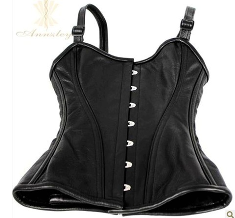 100% Genuine Leather Fullly Steel Boned Black Shoulder Strap Corset Top ► Photo 1/1