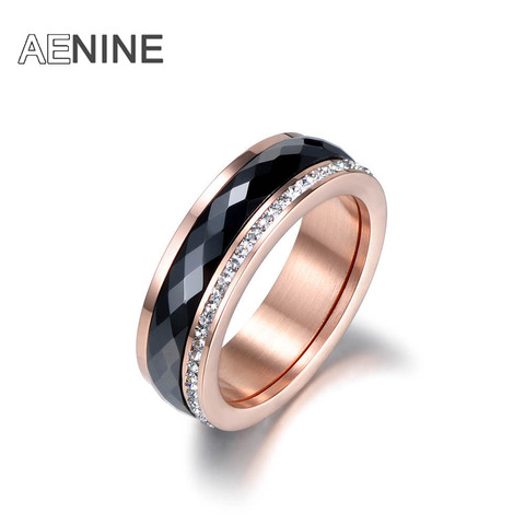 AENINE Classic Titanium Steel Black Ceramics Wedding Rings Jewelry Rose Gold Cubic Zirconia Engagement Rings For Women AR18013 ► Photo 1/6