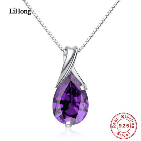 100%925 Sterling Silver Necklace Austria Amethyst Pendant Silver Chain For Women High Jewelry ► Photo 1/3