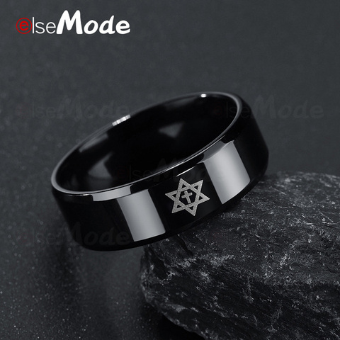 ELSEMODE  2022 New Black Titanium Steel Pentagram Star of David Cross Ring Men's Women Wedding Band Israel Jewish Jewelry  ► Photo 1/6